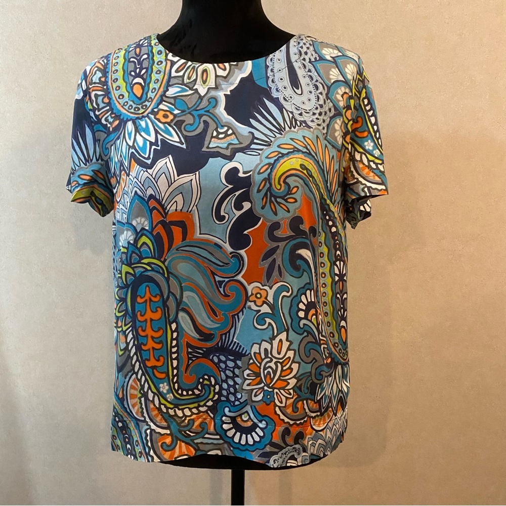 J Crew Silk Shirt Womens Small Multicolor Floral Short Sleeve Back Button- 7929